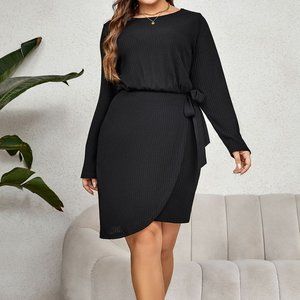 Plus Size Tie Waist Tulip Hem Ribbed Dress